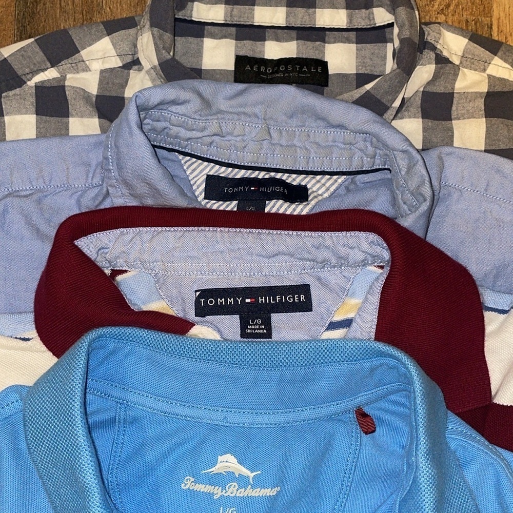 Lot of 4 Men’s summer shirts.  Size Large.‎ 2 polo. 2 button down. All Cotton.